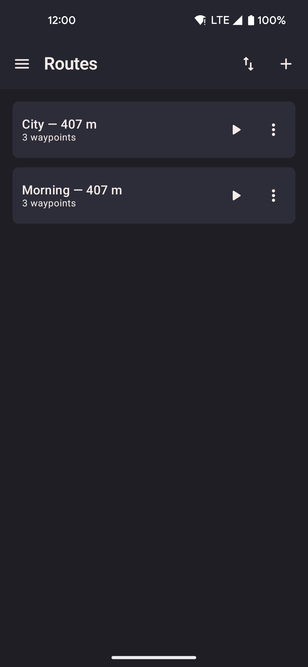 Routes list screen