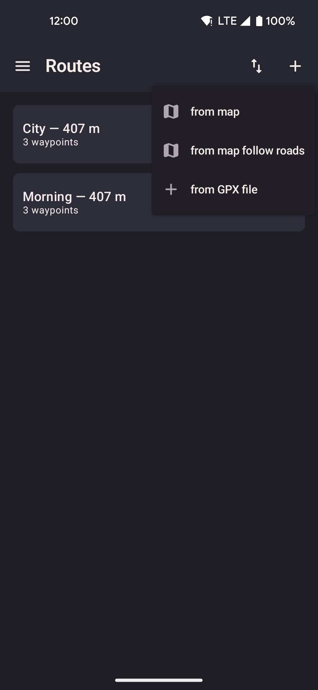 Routes screen with add button visible