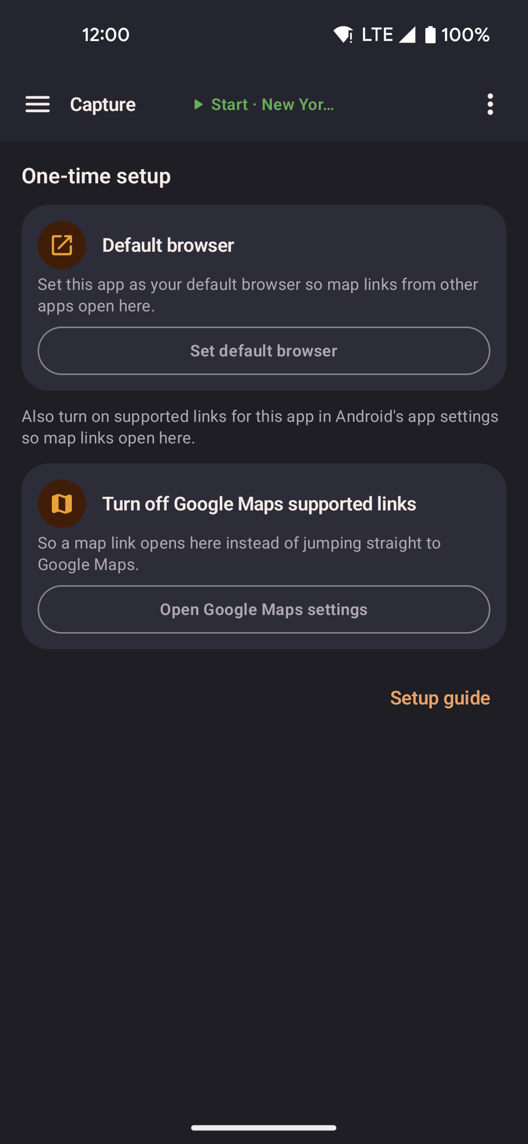 Capture screen showing the one-time setup steps