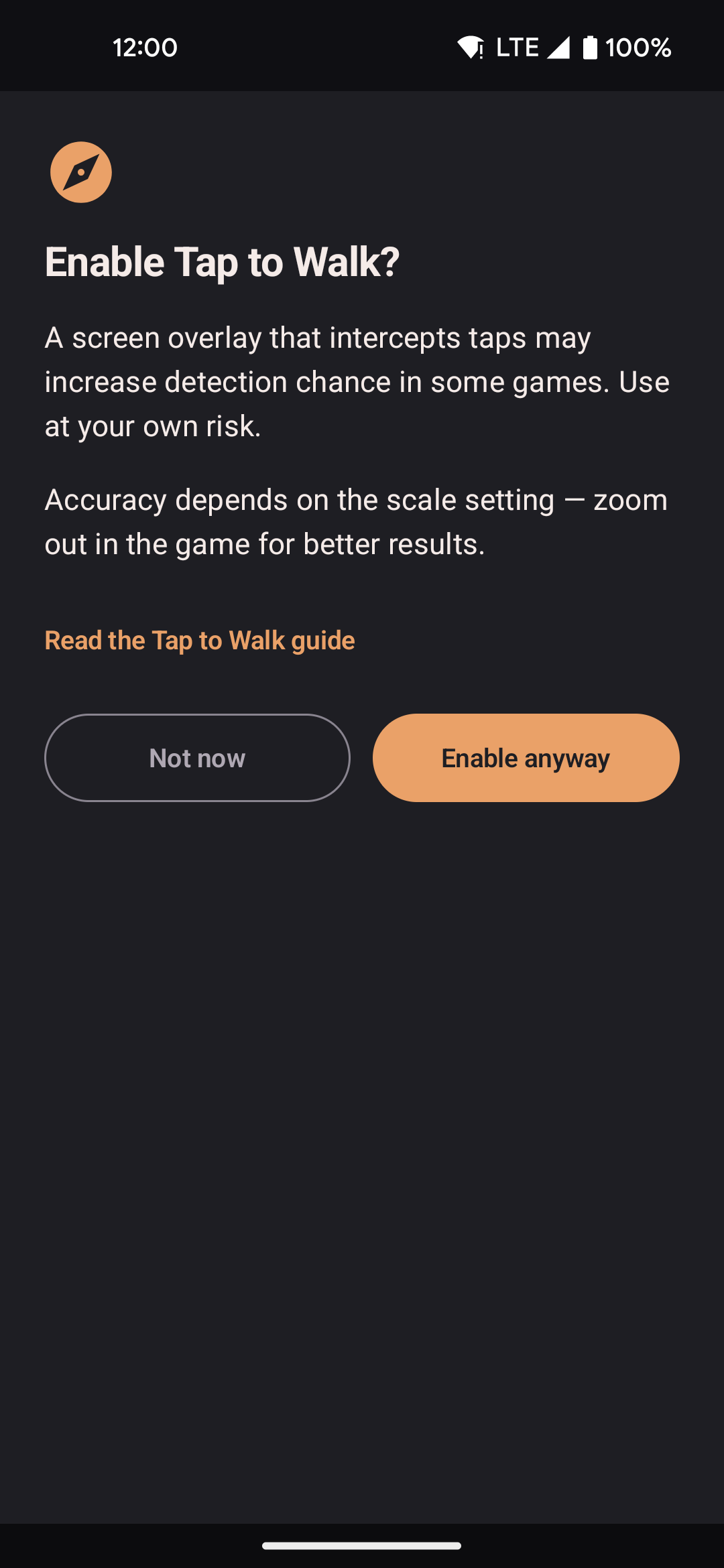 Enable Tap to Walk confirmation screen